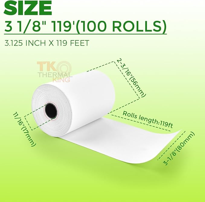 (100 Rolls) 3 1/8" x 119' Thermal Paper, POS Receipt Paper for Retail Business Cash Register, Fits Most Credit Card Terminal