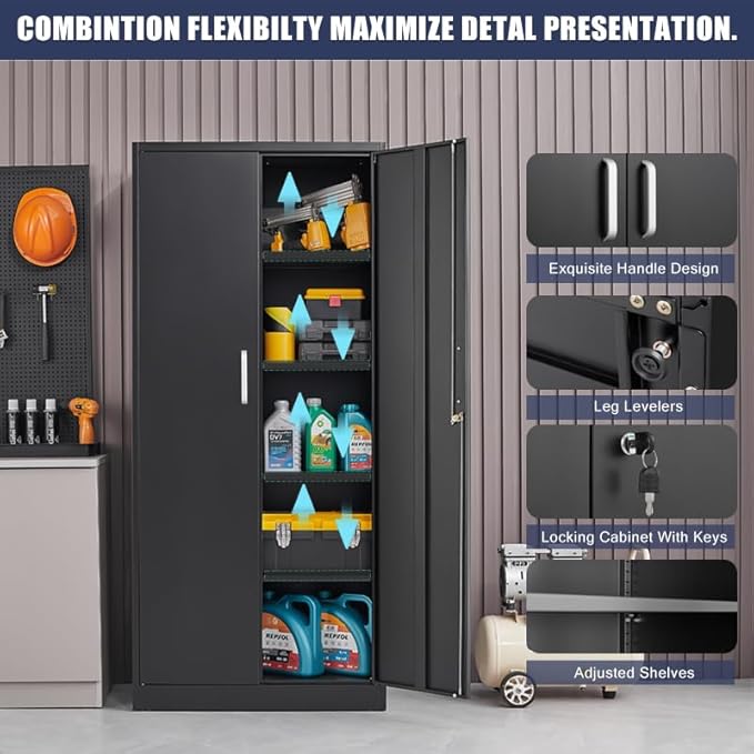 Garage Storage Cabinet with 2 Lockable Doors, Adjustable Shelves Metal Storage Cabinet, Kitchen Pantry Storage Cabinet, Heavy-Duty Steel Cabinet for Home, 71'H, Black