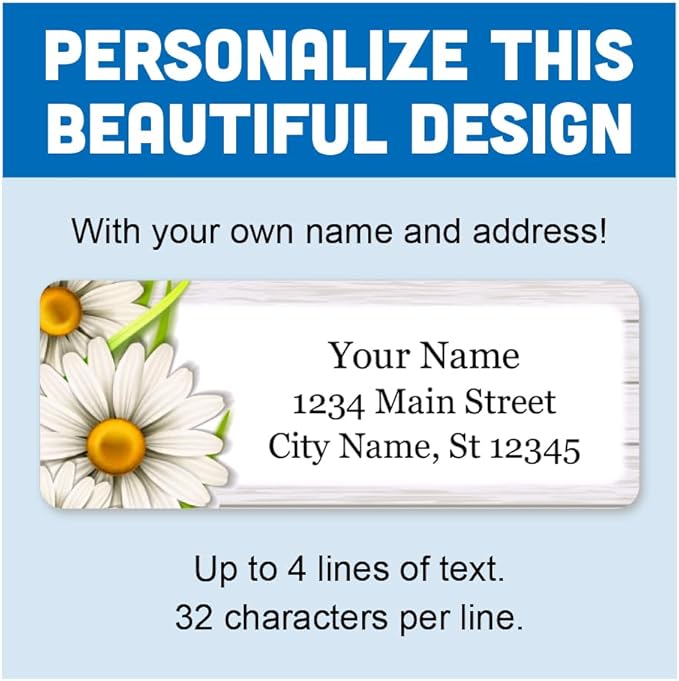 Personalized Return Address Labels - Charming Daisies Flowers - 60-1000 Custom Self-Adhesive Stickers