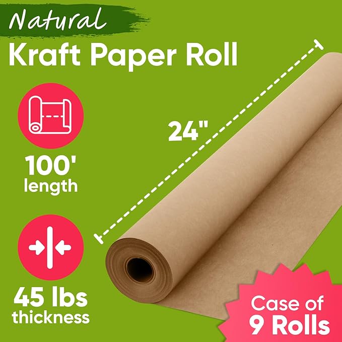 24" x 1200" (100 ft) Brown Craft Paper (Case of 9 Rolls), 45 lbs Thickness, Made in USA Kraft Paper for School, Art Projects, Gift Wrapping, Packing for Moving