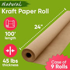 24" x 1200" (100 ft) Brown Craft Paper (Case of 9 Rolls), 45 lbs Thickness, Made in USA Kraft Paper for School, Art Projects, Gift Wrapping, Packing for Moving