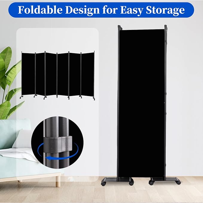Room Divider 6FT Room Partition with Lockable Wheels, (Thicked Metal Base) Room Dividers, Freestanding Indoor Folding Privacy Screens, Portable Fabric Wall Divider for (Black, 132"- 6 Panel)