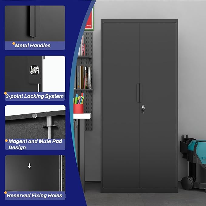 LUCYPAL Metal Storage Cabinet with Lock,70.8" H Black Garage Storage Cabinet with Doors and Shelves,Tall Locking Cabinets for Home Office,Garage,Warehouse