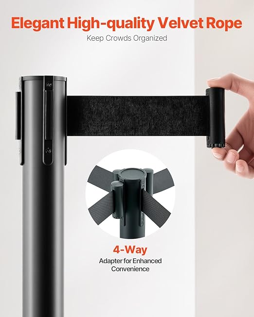 VEVOR Stanchion Post, 6 Pcs Stanchions with Retractable Belts, Carbon Steel Black Stanchions Queue with Sand Injection Hollow Base, Crowd Control Barriers for Theaters, Parties, Weddings, Exhibitions