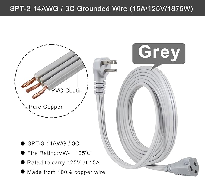 KUNCAN Appliance Power Extension Cord - 3 Prong Flat Wire SPT-3 14 AWG Heavy Duty Male to Female Extender Low Profile Grounded Cable for Major AC Unit, Air Conditioner, Refrigerator (12 Feet)