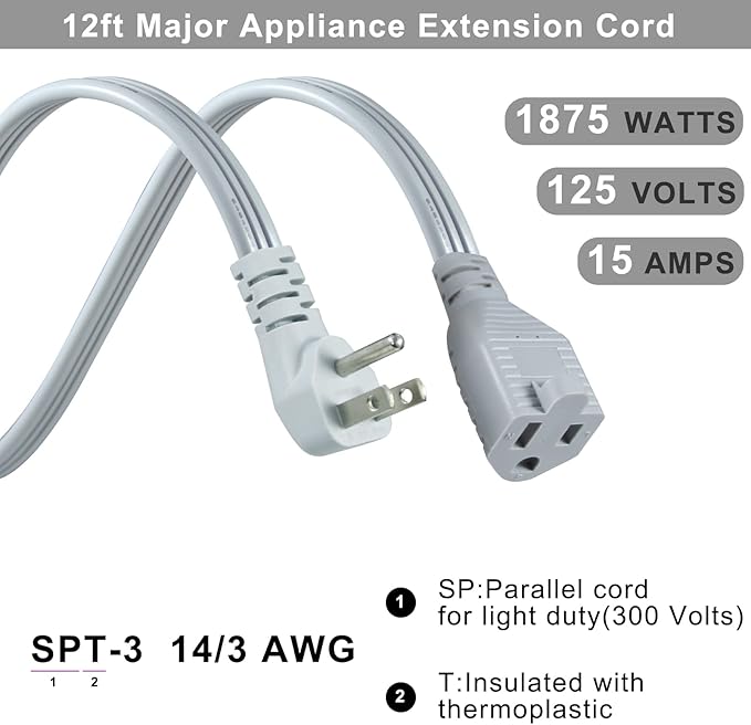 KUNCAN Appliance Power Extension Cord - 3 Prong Flat Wire SPT-3 14 AWG Heavy Duty Male to Female Extender Low Profile Grounded Cable for Major AC Unit, Air Conditioner, Refrigerator (12 Feet)