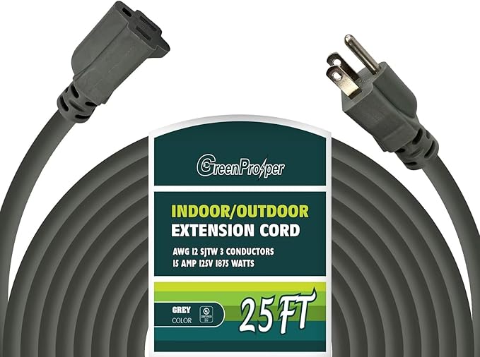 12 Gauge Indoor Outdoor Heavy Duty Grey Extension Cord 25 FT, 12 AWG SJTW Electrical Cable, Weather-Resistant Power Cord, Great for Gardenfor, Offices and Lawns