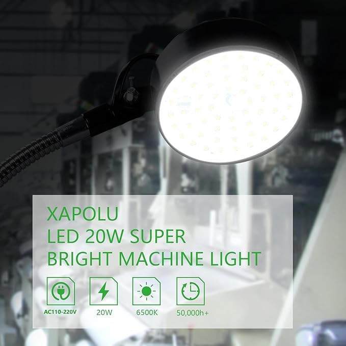 20W LED Work Light with Flexible Gooseneck, 2000 Lumens 6500K 110V US Plug, Screw Holder Base, LED Machine Lathe Light for Work Bench, Sewing Machine, Lathe Workbenches