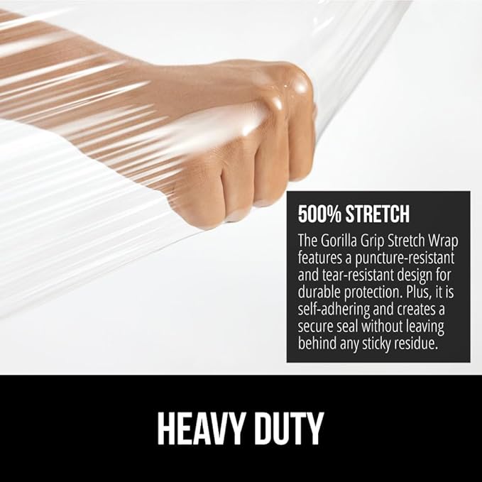 GORILLA GRIP 500% Stretch Film Heavy Duty Plastic, 1000ft Shrink Wrap Roll 17" Puncture Resistant, Industrial Strength for Shipping, Pallet Storing, Moving, Packing Furniture Protection 1 Pack Clear
