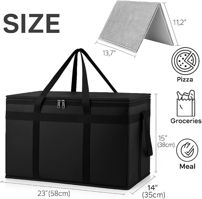 Bodaon 2-Pack Insulated Food Delivery Bag With Hard Bottom, XXXL Pizza Cooler Bags, Rideshare Delivery Bag, Grocery Shopping and Catering, Thermal Cold/Hot Styrofoam Carrier for Travel/Car