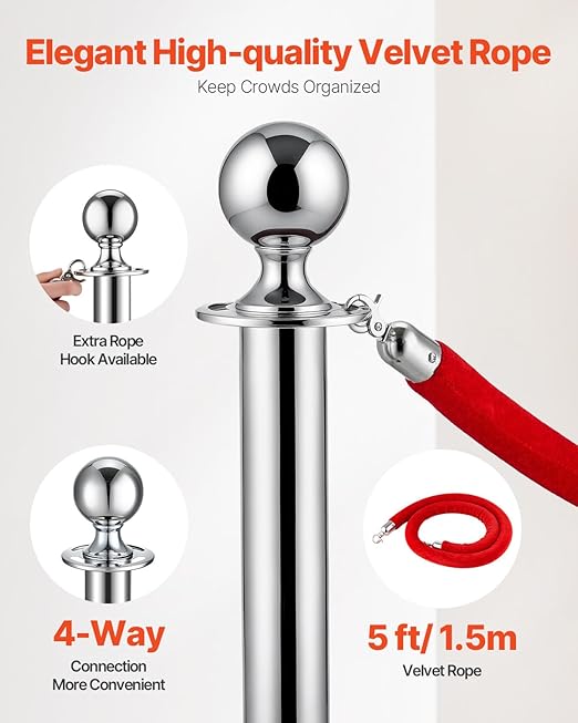 VEVOR Stanchions and Velvet Ropes 8Pcs, Hollow Base with Stainless Steel Post, 4 Red Velvet Ropes and Posts, Crowd Control Barriers Silver Stanchions, Red Carpet Runner Poles for Party Supplies