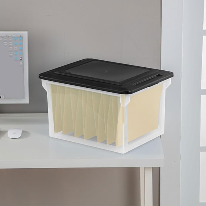 Sterilite 8 Pack File Box Organizer Storage Tote, Clear Bankers Box with Black Lid