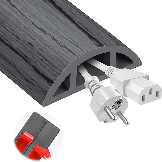 MYFAMIREA 10FT Floor Cord Cover for Wire Self Adhesive Cable Cavity Management PVC Extension Cord Hider Power Floor Wire Protector Prevent Cable Trips for Office Home Outdoor (Dark Gray Wood, 1.18'')