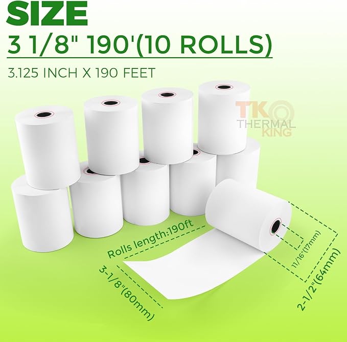 (10 Rolls) 3 1/8" x 190' Thermal Paper, POS Receipt Paper for Retail Business Cash Register, Fits Most Credit Card Terminal