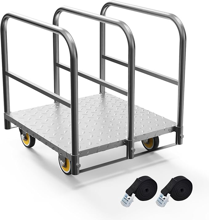 Panel Cart, Heavy Duty Flatbed With 5In Swivel Caster 1500LBS Weight Capacity for Lumber Drywall Mattress Transporting Heavy Loads With Ease and Efficiency - 2PCS Straps for Platform Trucks