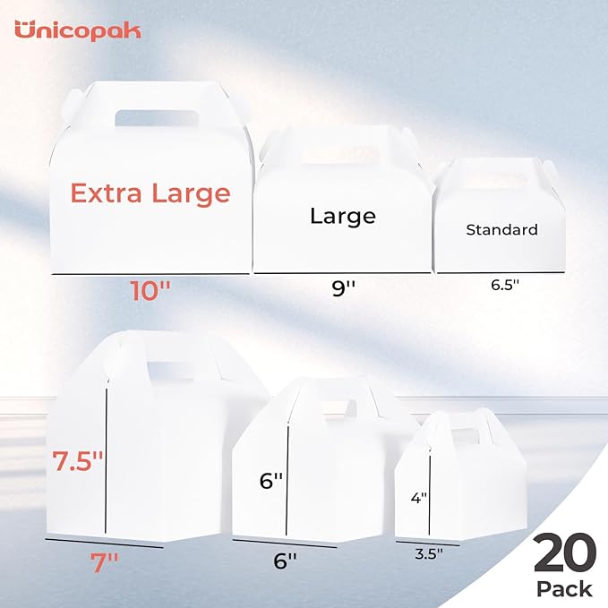 UnicoPak 20 Pack 10x7x7.5 Extra Large Gable Boxes, White Gift Boxes with Handle Lunch Boxes To Go for Birthday Wedding Party Favors Picnic Welcome