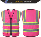 Pink High Visibility Safety Vest for Men Women with 5 Pockets and Zipper Hi Vis Construction Work Vest with Reflective Strips,Meets ANSI/ISEA Standards(EK175-Pink-2XL)