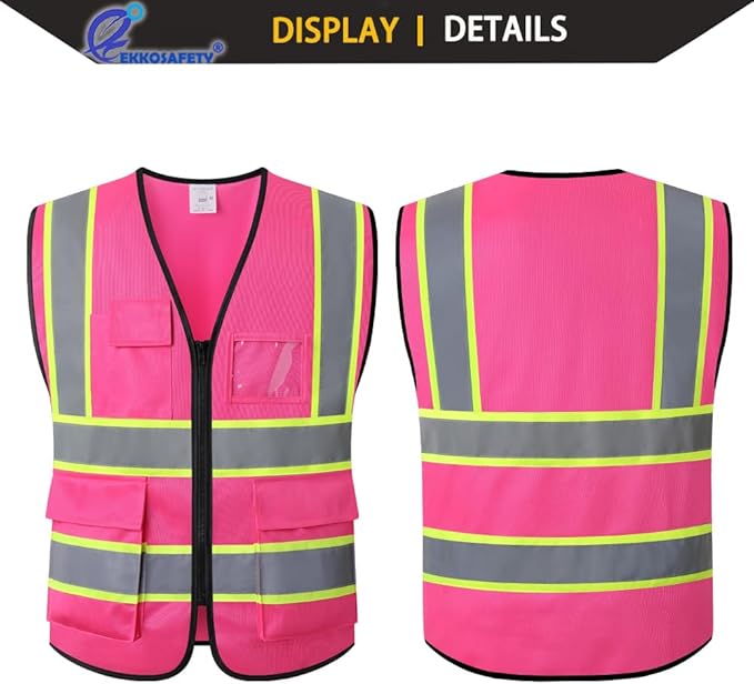 High Visibility Safety Vests Reflective with 5 Pockets and Zipper Hi Vis Construction Work Vest for Men Women,Meets ANSI/ISEA Standards(EK175-Pink-3XL)