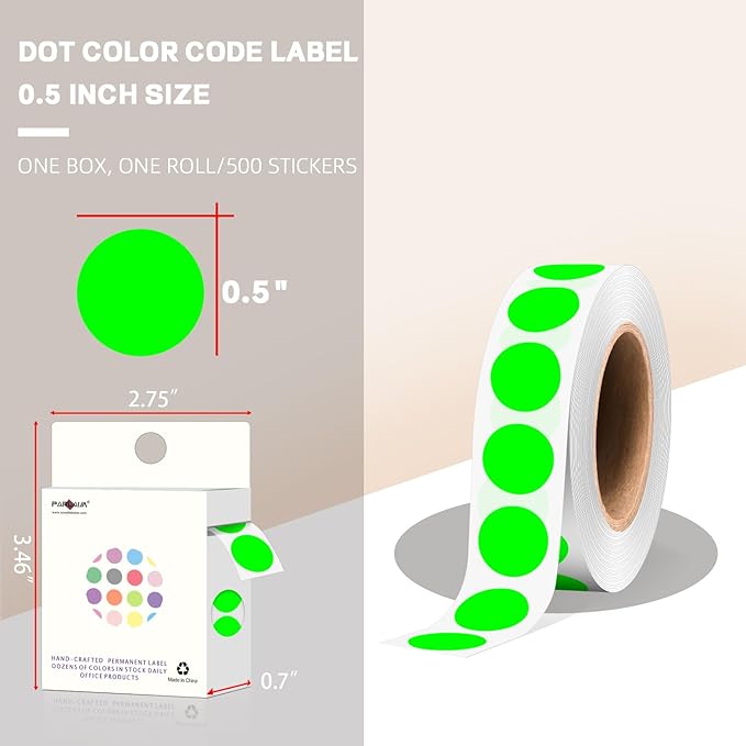 PARLAIM 1/2 Inch Round Adhesive Color-Code Dot Stickers,500 Stickers Inventory Dots Label in Dispenser Box,Fluorescent Green Circle Coding Labels for Office Home(Fluorescent Green)