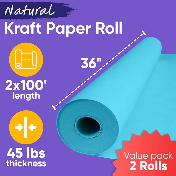 36" x 1200" (100 ft) Light Blue Kraft Paper Roll (Value Pack of 2), 45 lbs Thickness, Made in USA Colored Kraft Paper for School, Bulletin Board - Odorless, Non-Toxic, Safe for Kids