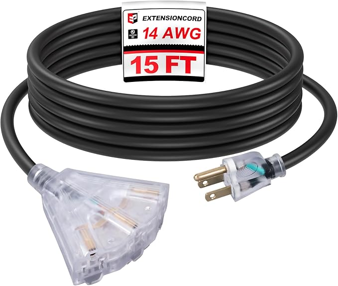 EP 15 Ft Lighted Outdoor Extension Cord with 3 Electrical Power Outlets - 14/3 SJTW Heavy Duty Black Extension Cable with 3 Prong Grounded Plug - Power Cord for Lawn, Garden, Appliances