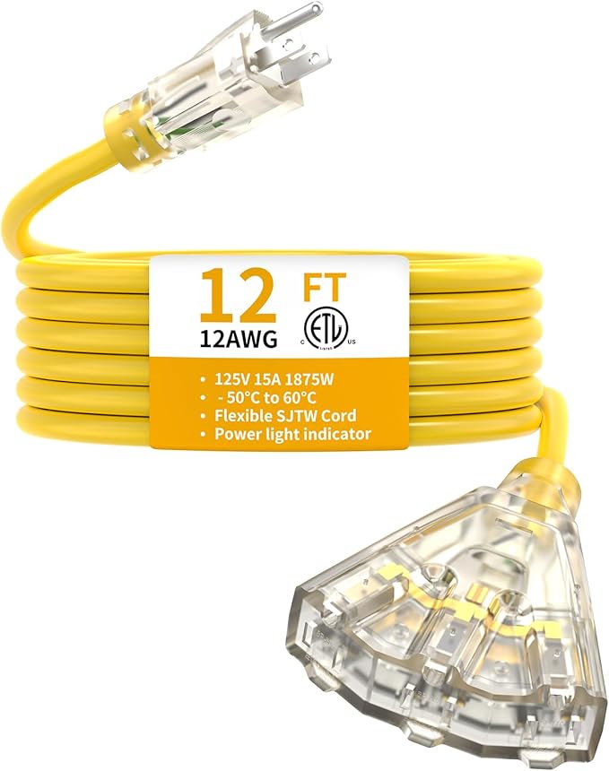 12FT 12 Gauge Heavy Duty Outdoor Extension Cord Waterproof with 3 Outlets & Lighted End, SJTW 15A 1875W 3-Prong Yellow Flexible Power Cord for Indoor Outside Decorations Garage, Garden, ETL