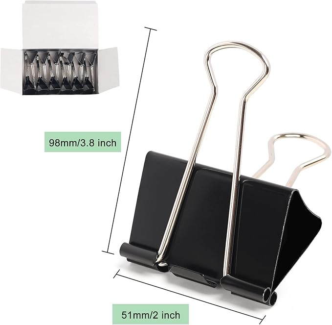 24pcs Binder Clips, 2 Inch Metal Paper Clips, Stationary Foldback Clips for School, Home Supplies, 12 per Box, 2 Boxes