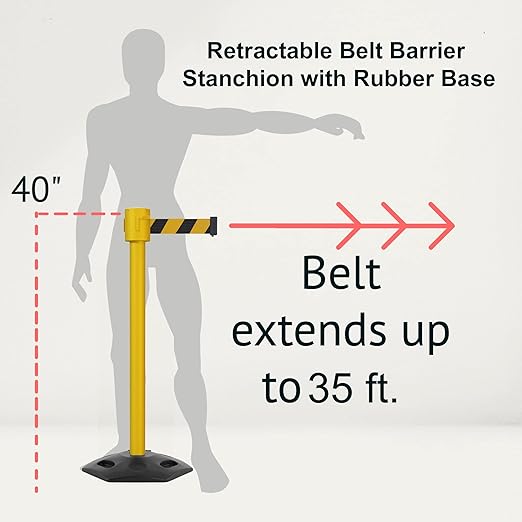 Montour Line MSR760 Set of 2 Retractable Belt Barrier Stanchion, Rubber Base, Yellow Post (35 ft RED with"NO Entry" White Letters Belt)