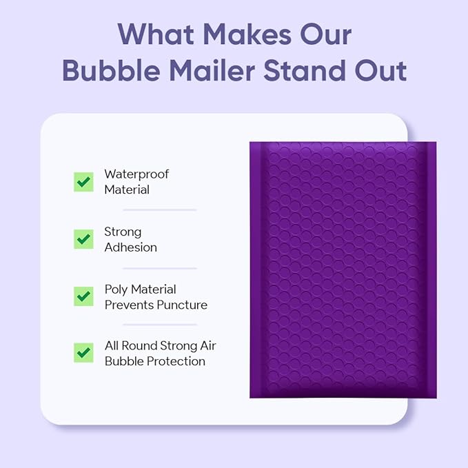 Purple Small Bubble Mailers 4x8 Inch #000 | Thick Padded Poly Mailer Envelopes | Mailing Trading card sports Card Bubble Envelopes | Water & Tear Resistant | 500 Pack Bulk