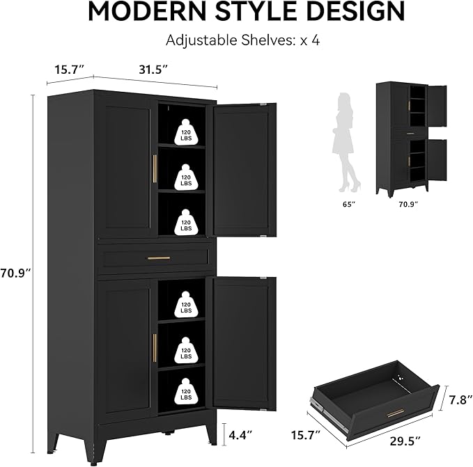 COFaR 71" Modern Pantry Cabinet with Drawer, Black Storage Cabinet with Adjustable Shelves, 3-Section Industrial Cupboard for Kitchen & Office