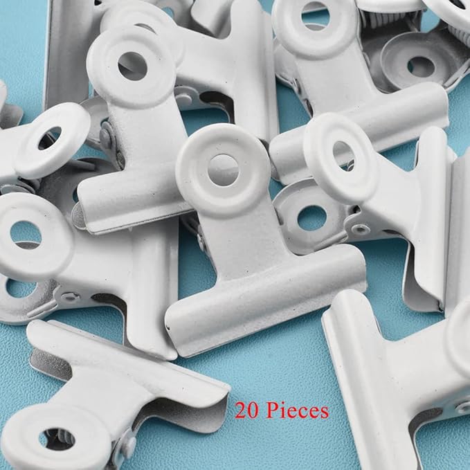 HAHIYO 1.25inch White Bulldog Clips Metal File Hinge Binder Clips Clamps Save Space Strong Spring Jaws Rock Solid Grip Book Lay Flat Deburred Edge for Hang Photos Wall Grid Dog Food 20PCS