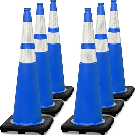 6 Pack 36" Large-Sized PVC Traffic Cones with Heavy-Duty Black Base, Garage Parking Lot Cones Structurally Stable Weatherproof Road Construction Safety Cones (6, Blue, 36" Extra Large)