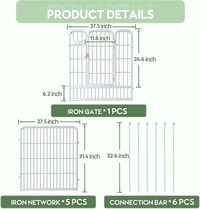 ZXMOTO White Outdoor Garden Fence 5 Panels with 1 Gate,32in (H) x 14ft (L) for Dogs Outside,Metal Wire Fencing Border Animal Barrier,Flower Edging for Yard Landscape Patio Decor, Square