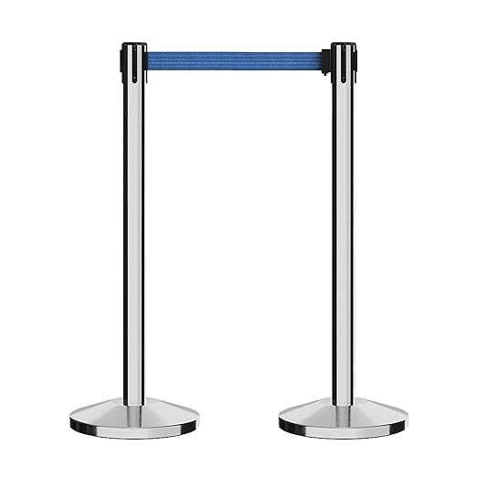 Crowd Control Warehouse CCW Series RBB-100 - Set of 2 Stanchion Retractable Belt Barriers - 11 Foot Blue Belt, Polished Stainless Steel Post - Easy Assembly