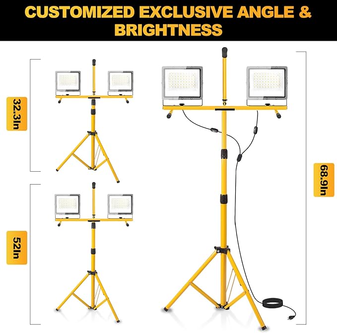 21000 Lumen LED Work Light with Stand, 2-Head Adjustable Lights with 16.5FT Extended Cord, IP65 Waterproof Work Lamp for Indoor & Outdoor Job Sites, Workshops, Construction, Garage Lighting