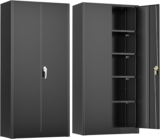 Crownland 72" Lockable Metal Storage Cabinet, Garage Storage Cabinets, High Office Cabinet with Adjustable Shelves for Home Office, Pantry,Garage, File(Balck)