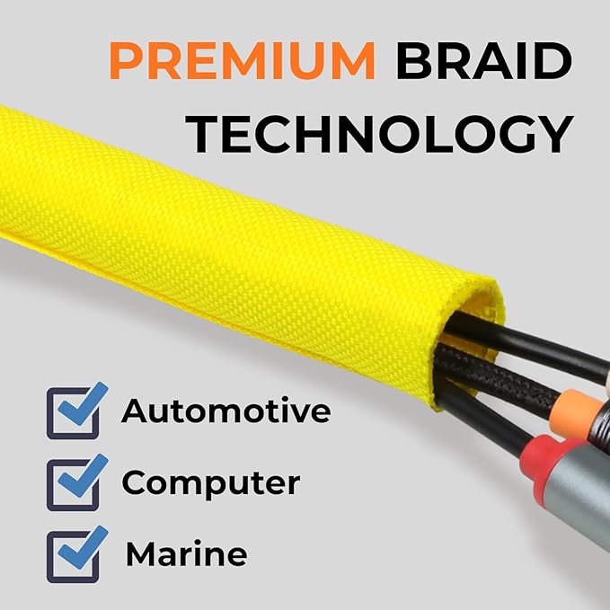 1/2 inch Split Braided Cable Management Sleeve for USB Cable Power Cord Audio Video Cable, High-Temperature Automotive Harness Wire Loom Cord Protector from Cat Dog Chewing (Yellow, 10FT)