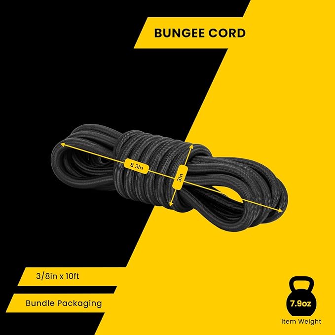 Bungee Cord Elastic Shock Cord 3/8" x 10' Bungee Rope for DIY, Tie Downs, Kayak and Outdoor - Black