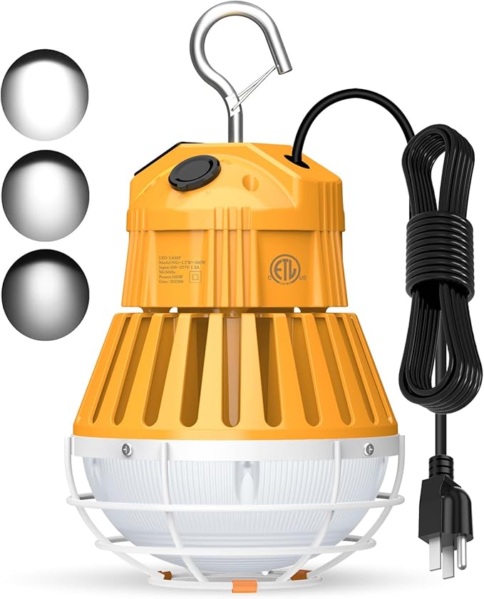 100W/80W/60W LED Temporary Construction Lights - Linkable Work Light Stainless Steel Protective Cage Jobsite Light for Repair Area Bench, Portable Hanging Work Construction Light Input 100~277VAC