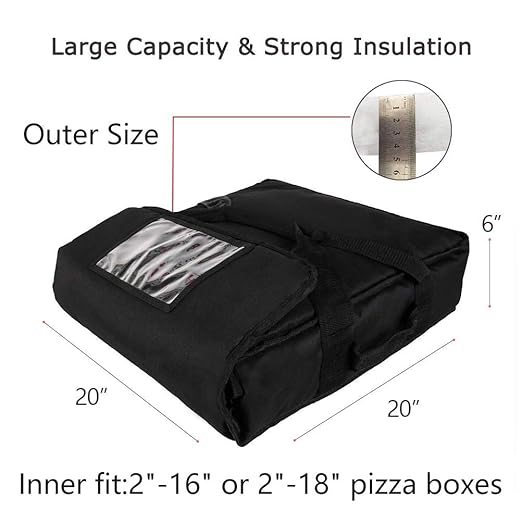 Insulated Food Delivery Bag Pizza Delivery Bags Professional Pizza Warmer Carrier Bags Moisture Free for 2-16" or 2-18" (Black, 20"X20"X6")