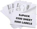 SJPACK 5000 Half Sheet Shipping Labels for Laser/Inkjet Printers - 5-1/2" X 8-1/2" Blank White Labels