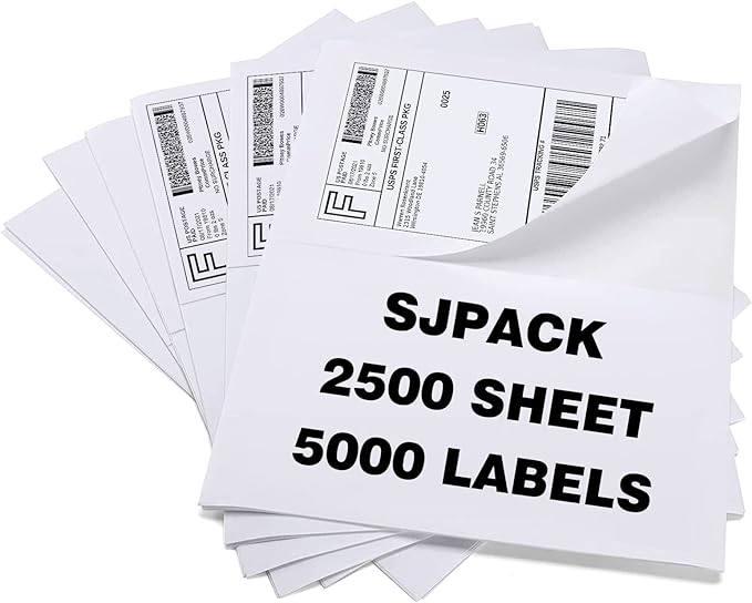 SJPACK 5000 Half Sheet Shipping Labels for Laser/Inkjet Printers - 5-1/2" X 8-1/2" Blank White Labels