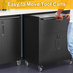 Metal Storage Cabinet with Wheels, Rolling Tool Chest with Adjustable Shelf & Handle, Lockable Garage Cabinet with 1 Drawer and 2 Doors, Mobile Steel Locker for Home, Office, Workshop, Black