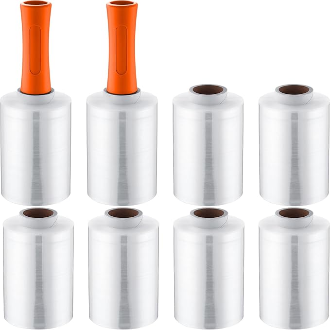 Jutom 8 Pcs Clear Stretch Wrap Roll Plastic Wrap for Moving with 2 Handles 5" x 1000 ft Cling Packaging Shrink Film Self Adhering Shipping Supply for Moving Bounding Storing Pallet Furniture (Orange)