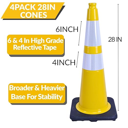 BESEA 4PACK 28” inch Traffic Safety Cones Yellow Road Parking Cones Heavy Duty Construction Cone Structurally Stable for Traffic Control at Public Place