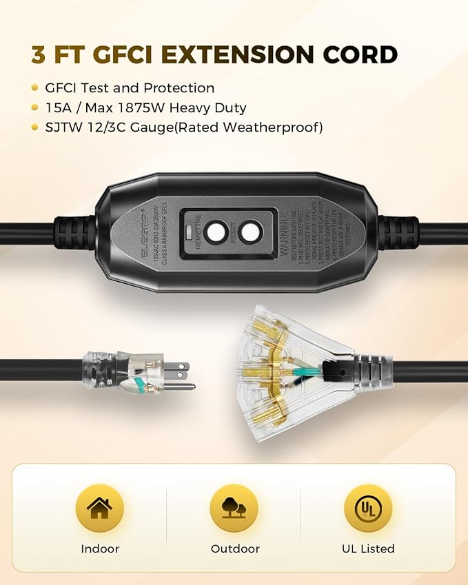3 FT Auto GFCI Extension Cord Outdoor with 3 Prong Plugs, 12/3 SJTW Heavy Duty Power Cable with Multiple Outlets, 3 Outlets with Indicator Light, UL Listed, Black