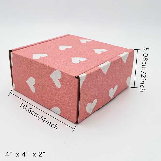 25 Pack Baby Pink Hearts Shipping Boxes, 4 x 4 x 2 inch Recyclable Kraft Corrugated Cardboard Boxes Literature Mailer for Mailing Packing for Mother's Day Small Business Shipping