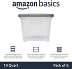 Amazon Basics Plastic Storage Containers with Secure Latching Lids, Stackable Organization Bins, Clear/Grey, 19 Quart, Set of 6