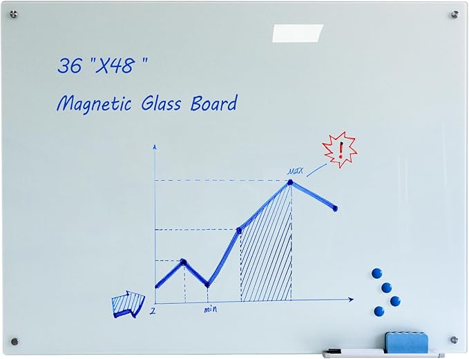 Magnetic Glass Whiteboard with Eraser 48" x 36" Frameless Tempered Glass Dry Erase Board with Marker Tray for Office, Wall Mounted Writing Board (White)