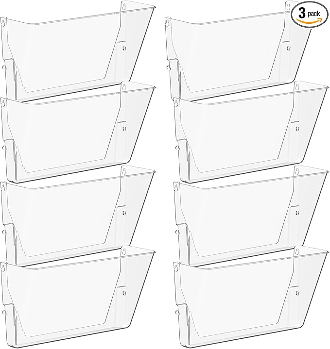 Clear Acrylic Single Pocket, Plastic Hanging Wall Mount File Holder for Office Home (Clear, 8 Pack)